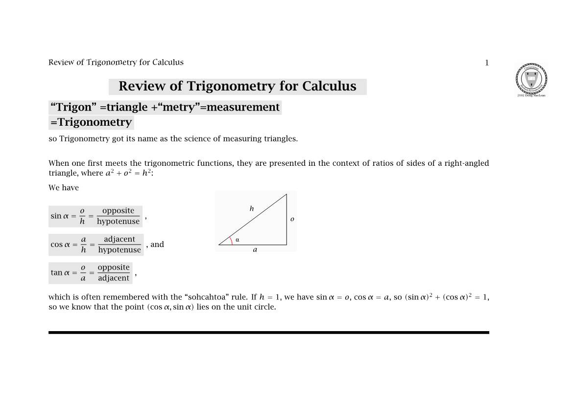 Review of Trigonometry for Calculus 1 Iversit Un As