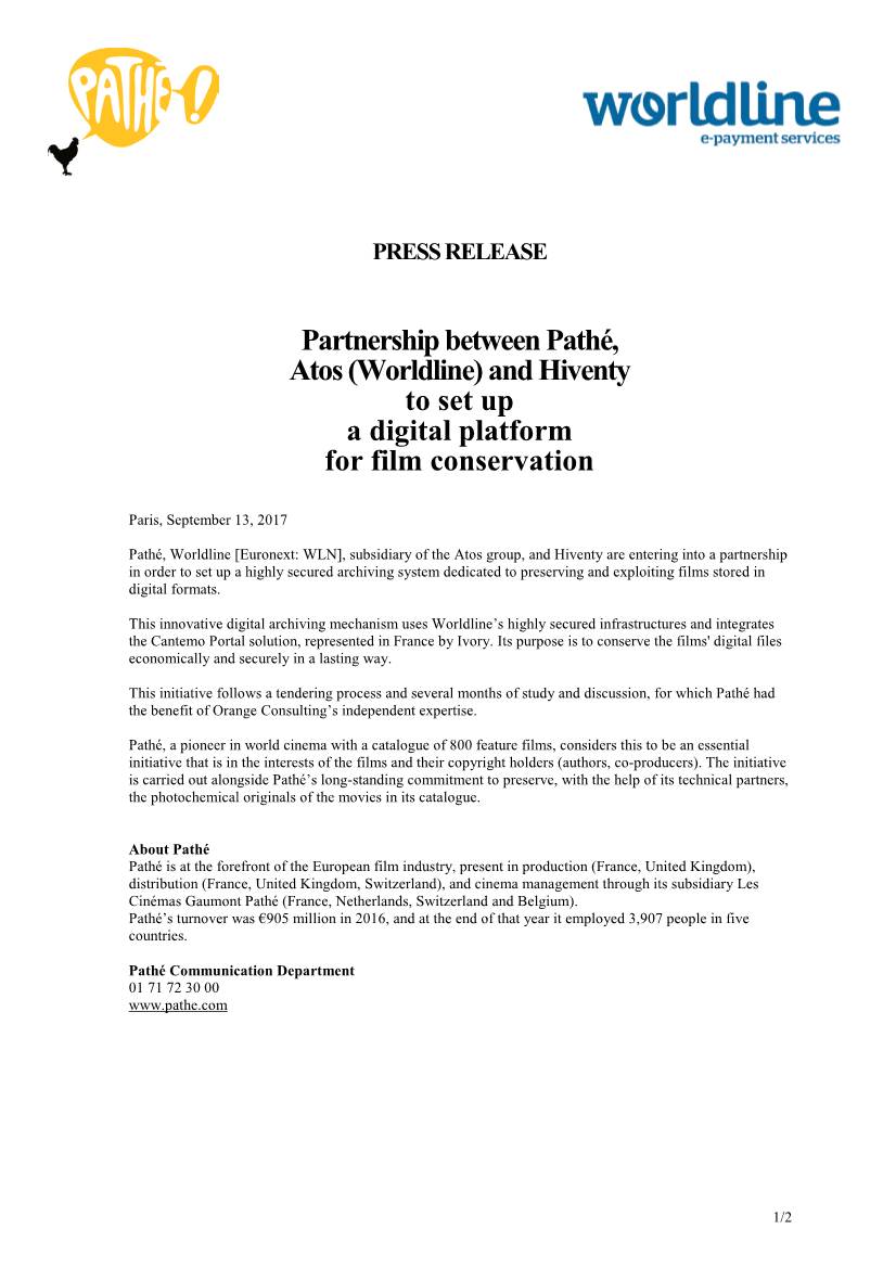 Partnership Between Pathé, Atos (Worldline) and Hiventy to Set up a Digital Platform for Film Conservation