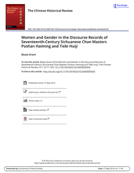 Women and Gender in the Discourse Records of Seventeenth-Century Sichuanese Chan Masters Poshan Haiming and Tiebi Huiji