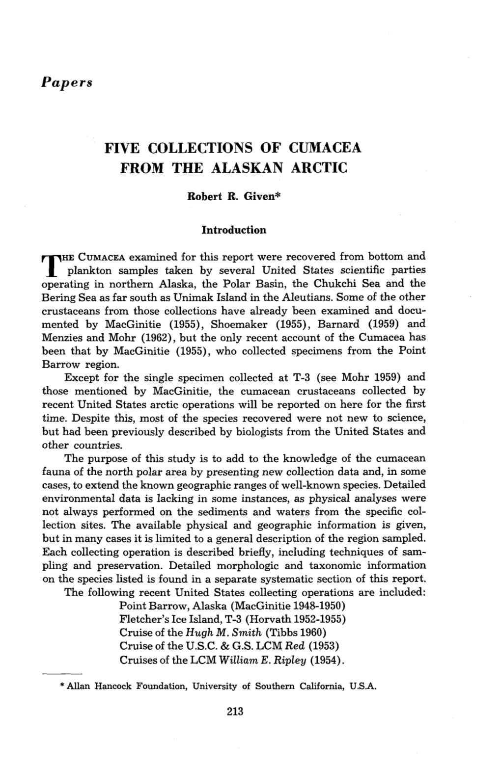 Five Collections of Cumacea from the Alaskan Arctic