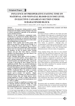 Influence of Preoperative Fasting Time on Maternal and Neonatal Blood Glucose Level in Elective Caesarean Section Under Subarach