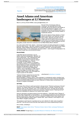 Ansel Adams and American Landscapes at LI Museum March 5, 2015 by STEVE PARKS / Steve.Parks@Newsday.Com We Don't Think of Landscape Artists As Contentious