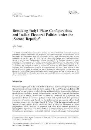 Remaking Italy? Place Configurations and Italian Electoral Politics Under the ‘Second Republic’