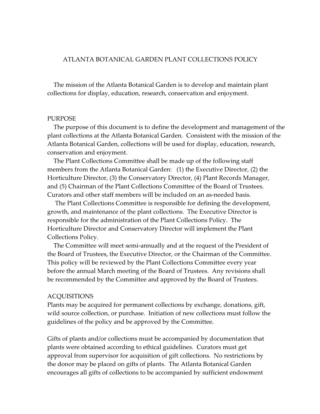 Atlanta Botanical Garden Plant Collections Policy
