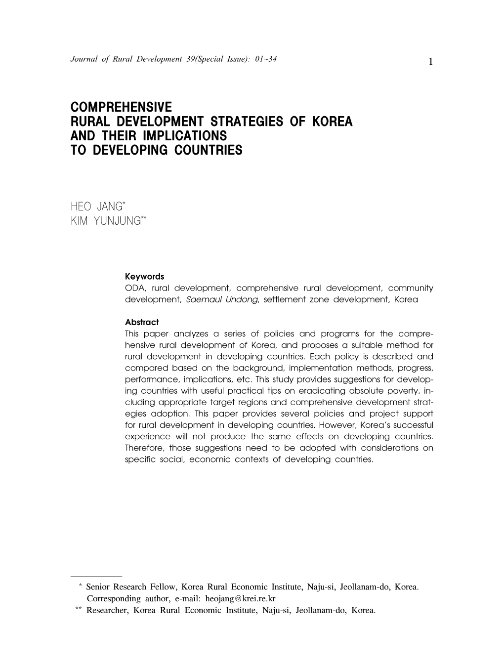 Comprehensive Rural Development Strategies of Korea and Their Implications to Developing Countries