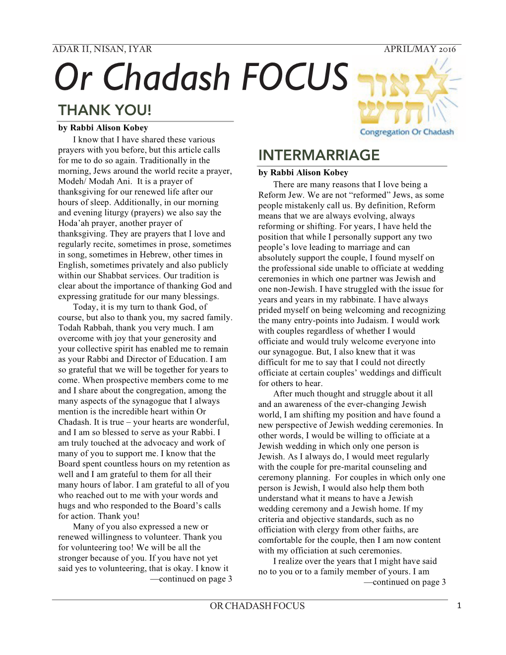 Or Chadash FOCUS THANK YOU! by Rabbi Alison Kobey I Know That I Have Shared These Various Prayers with You Before, but This Article Calls for Me to Do So Again