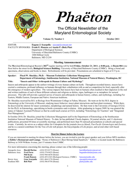 Phaëton the Official Newsletter of the Maryland Entomological Society