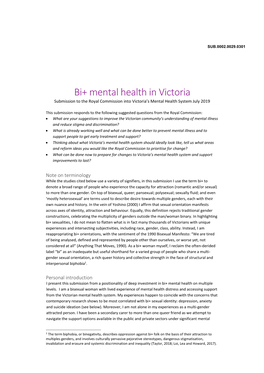 Bi+ Mental Health in Victoria Submission to the Royal Commission Into Victoria’S Mental Health System July 2019