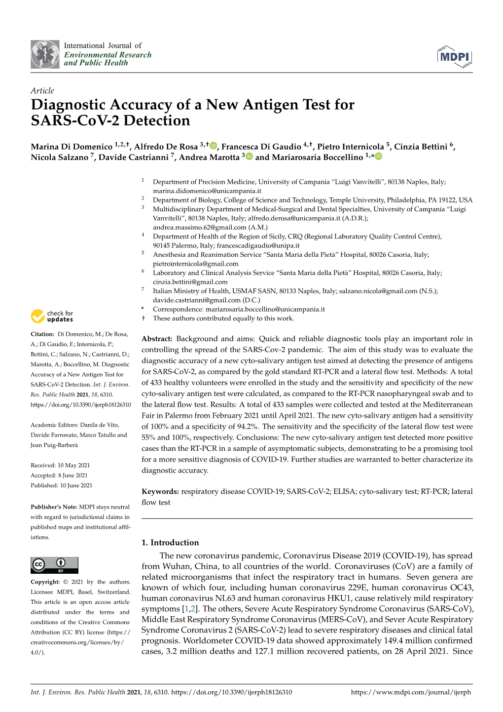 Diagnostic Accuracy of a New Antigen Test for SARS-Cov-2 Detection