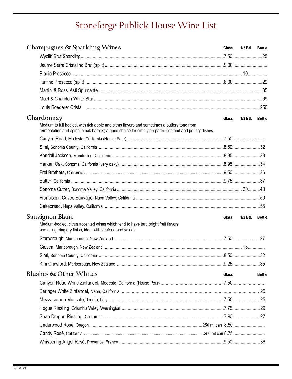 Publick House Wine List