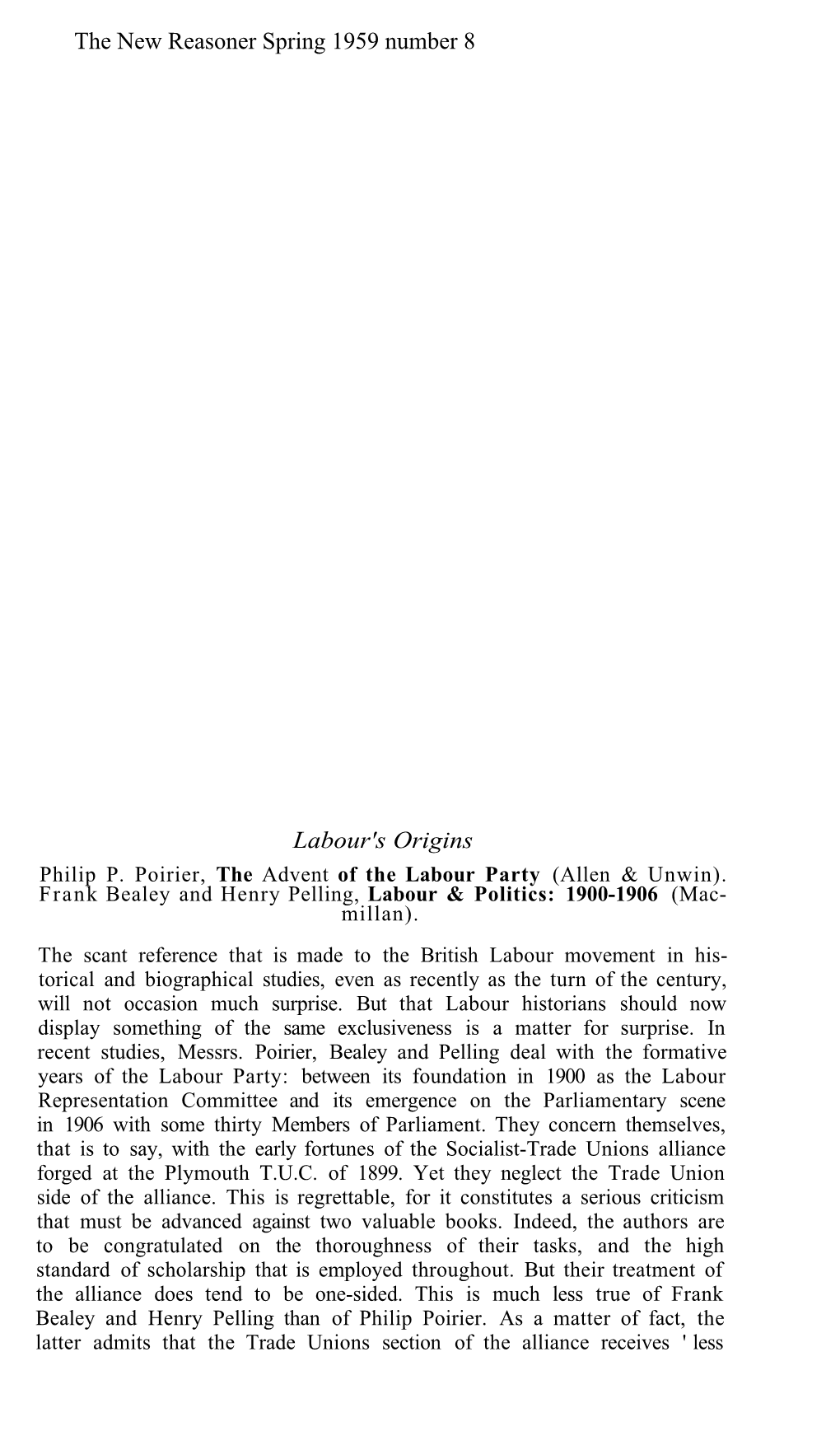 Labour's Origins the New Reasoner Spring 1959 Number 8