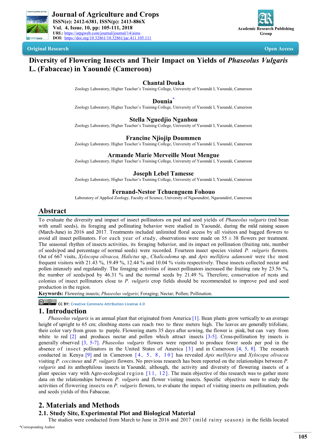 Journal of Agriculture and Crops Diversity of Flowering Insects And