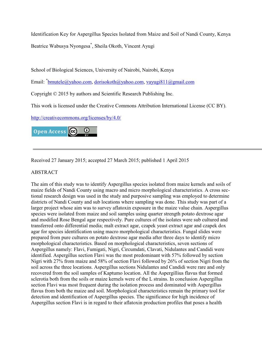 Identification Key for Aspergillus Species Isolated from Maize and Soil of Nandi County, Kenya