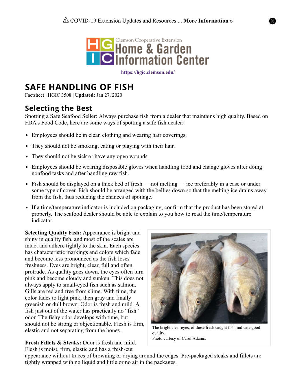 SAFE HANDLING of FISH Factsheet | HGIC 3508 | Updated: Jan 27, 2020