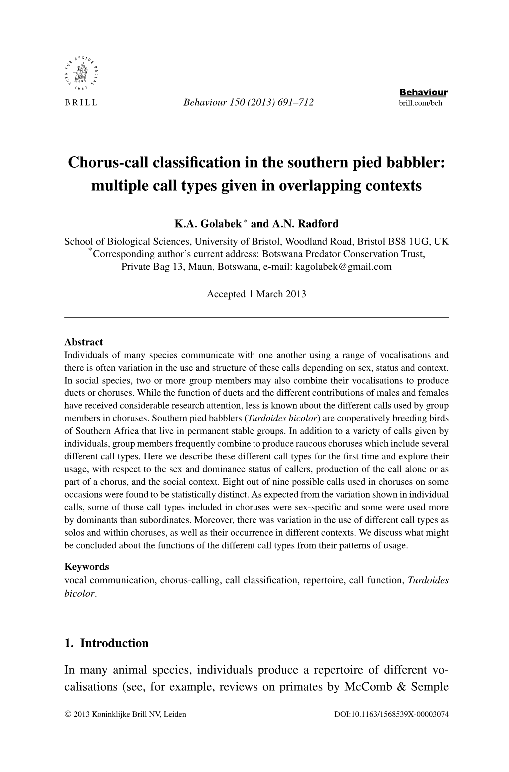 Chorus-Call Classification in the Southern Pied Babbler: Multiple Call