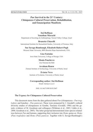 Pan Survival in the 21St Century: Chimpanzee Cultural Preservation, Rehabilitation, and Emancipation Manifesto