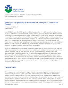 The Grouch (Dyskolos) by Menander an Example of Greek New Comedy