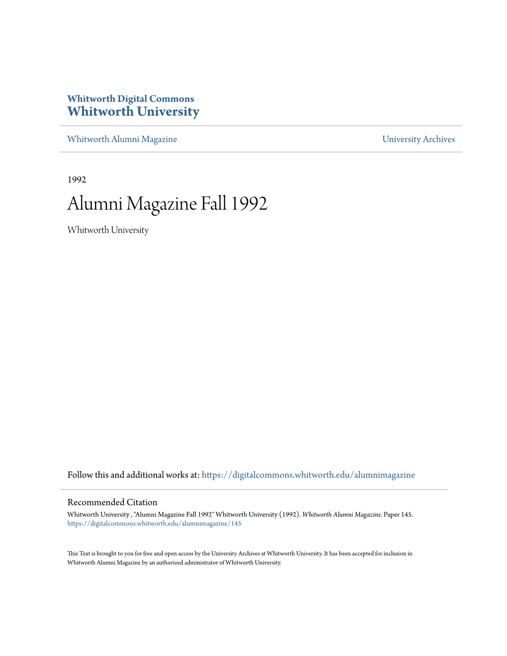 Alumni Magazine Fall 1992 Whitworth University