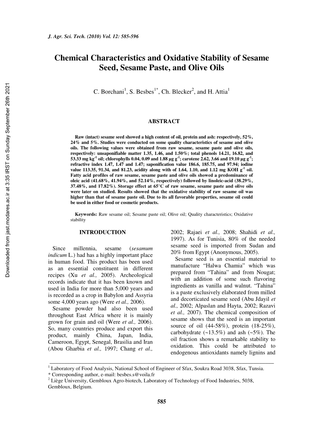 Chemical Characteristics and Oxidative Stability of Sesame Seed, Sesame Paste, and Olive Oils