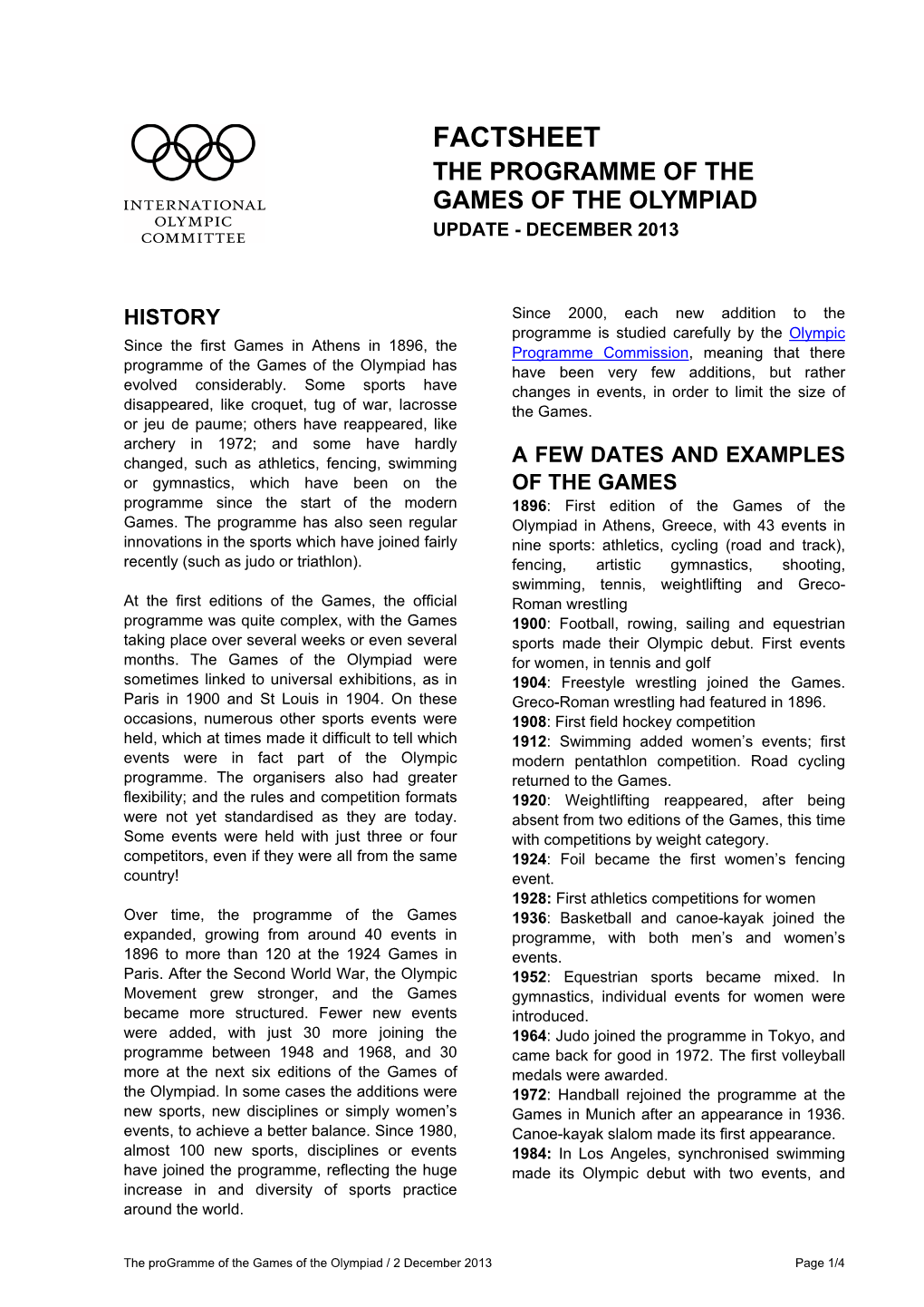 Factsheet the Programme of the Games of the Olympiad Update - December 2013