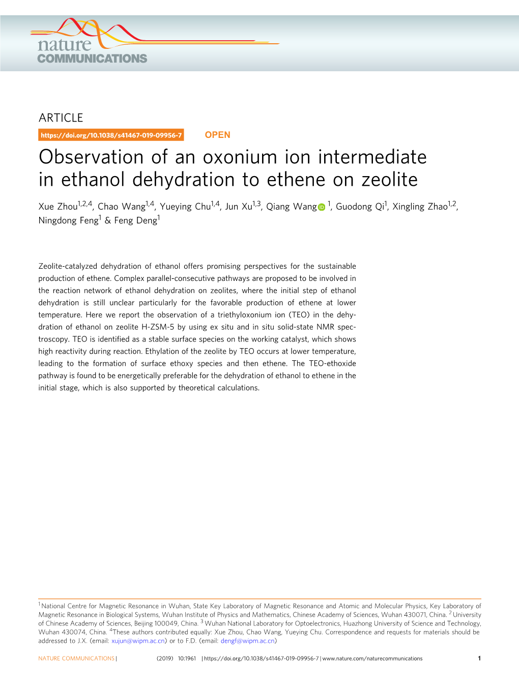 Observation of an Oxonium Ion Intermediate in Ethanol Dehydration to Ethene on Zeolite