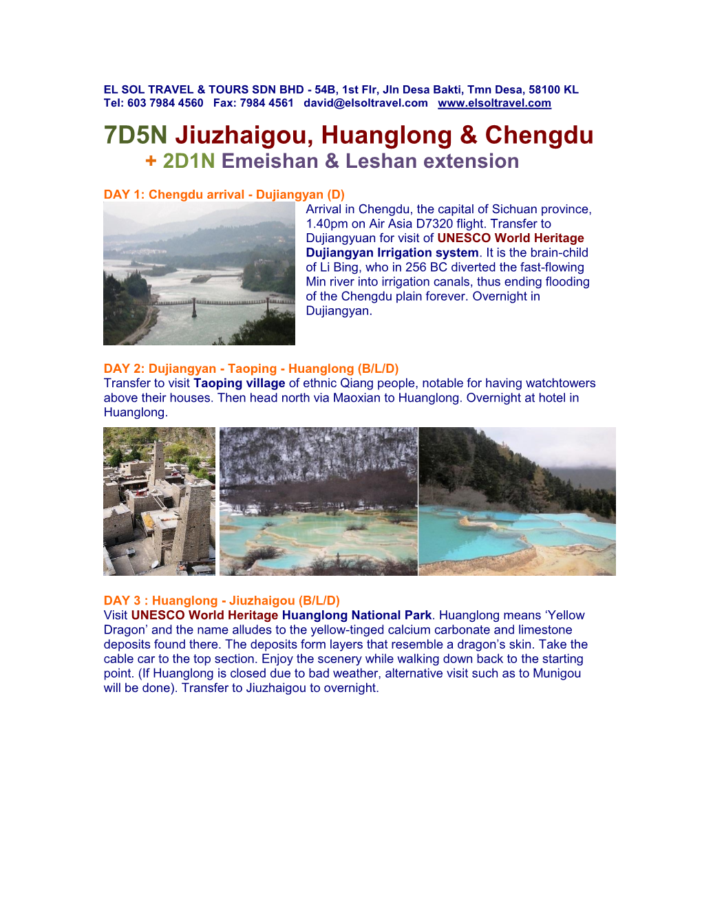 7D5N Jiuzhaigou, Huanglong & Chengdu