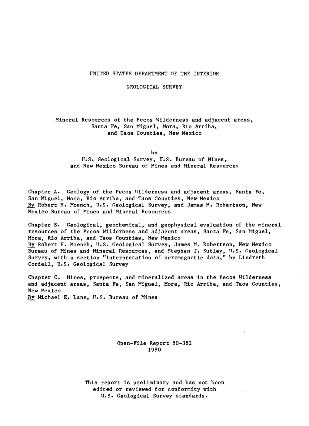 Mineral Resources of the Pecos Wilderness and Adjacent Areas, Santa Fe, San Miguel, Mora, Rio Arriba, and Taos Counties, New Mexico