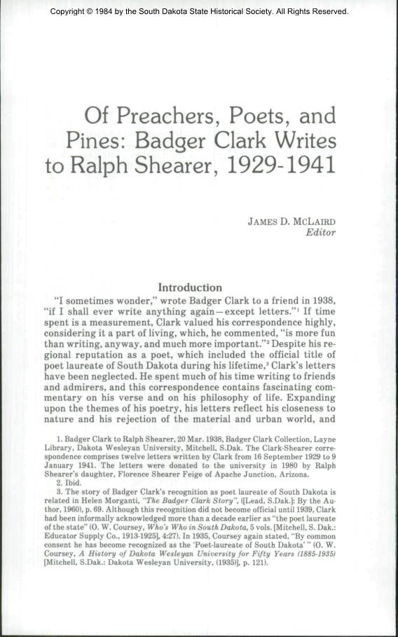 Of Preachers, Poets, and Pines: Badger Clark Writes to Ralph Shearer, 1929-1941