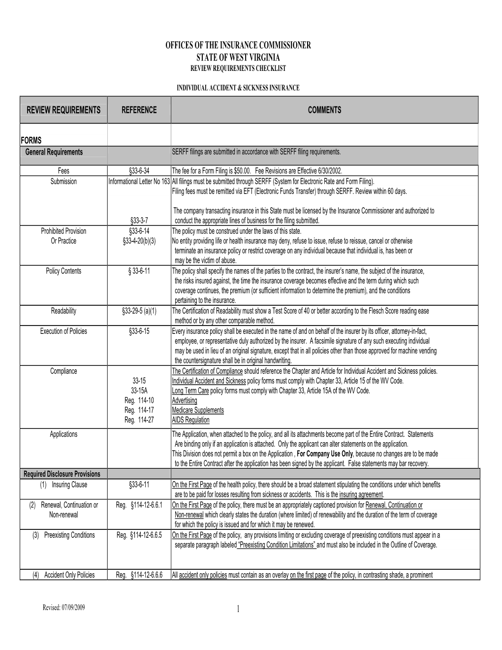 Offices of the Insurance Commissioner State of West Virginia Review Requirements Checklist