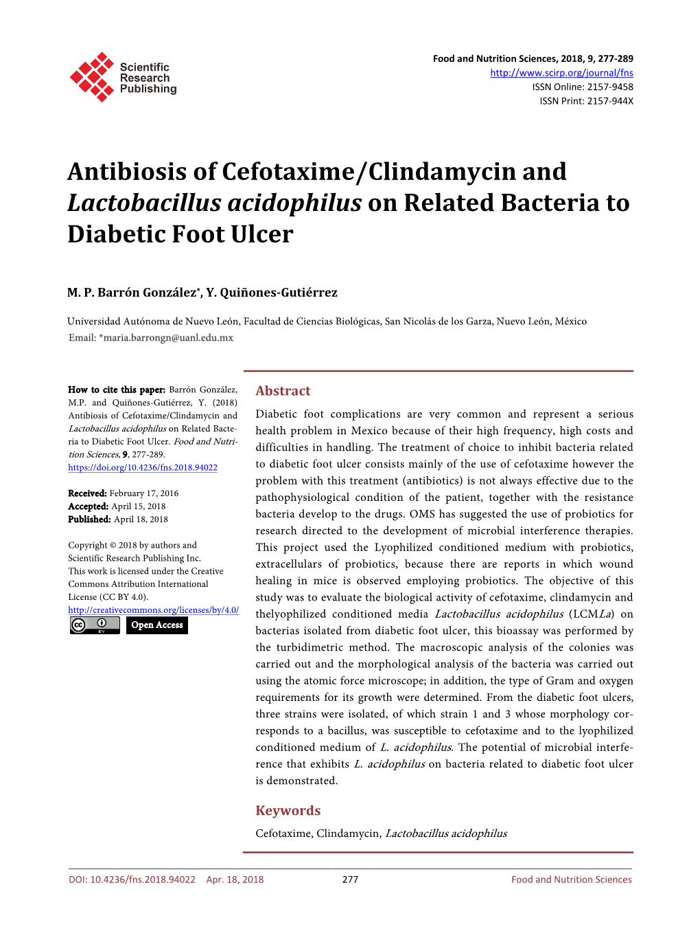 Antibiosis of Cefotaxime/Clindamycin and Lactobacillus Acidophilus on Related Bacteria to Diabetic Foot Ulcer