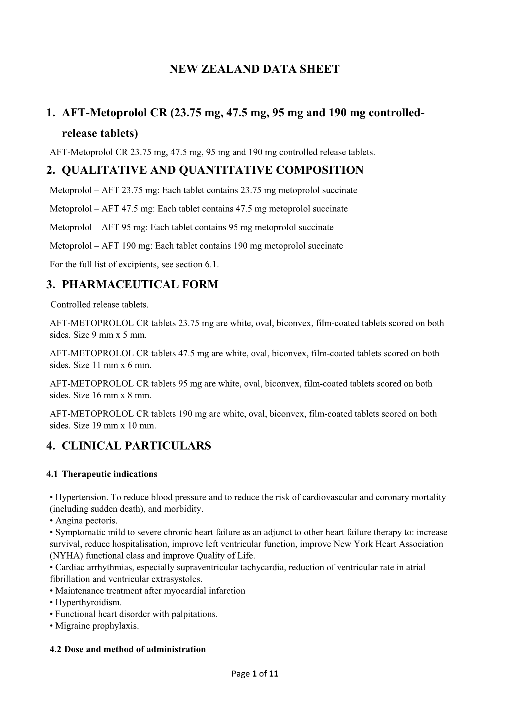 NEW ZEALAND DATA SHEET 1. AFT-Metoprolol CR (23.75 Mg, 47.5