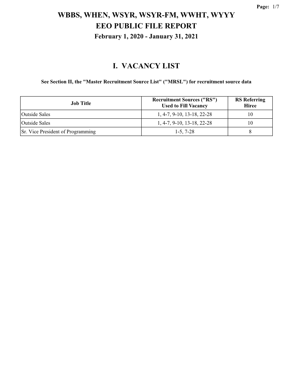 WBBS, WHEN, WSYR, WSYR-FM, WWHT, WYYY EEO PUBLIC FILE REPORT February 1, 2020 - January 31, 2021