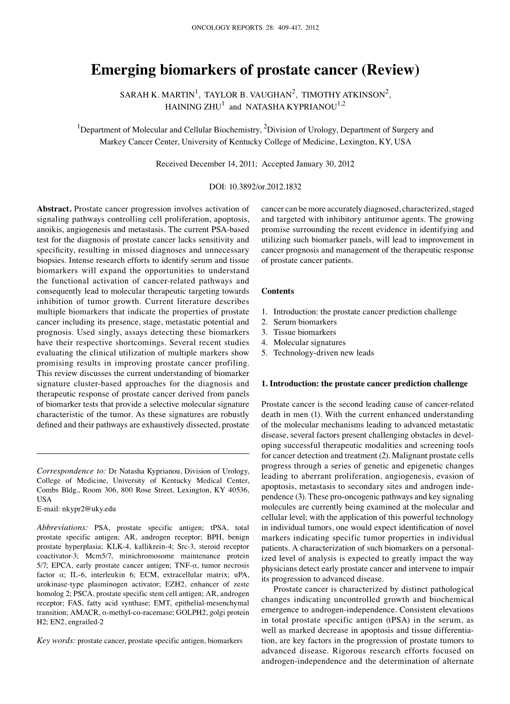 Emerging Biomarkers of Prostate Cancer (Review)