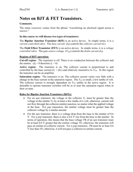 Notes on BJT & FET Transistors