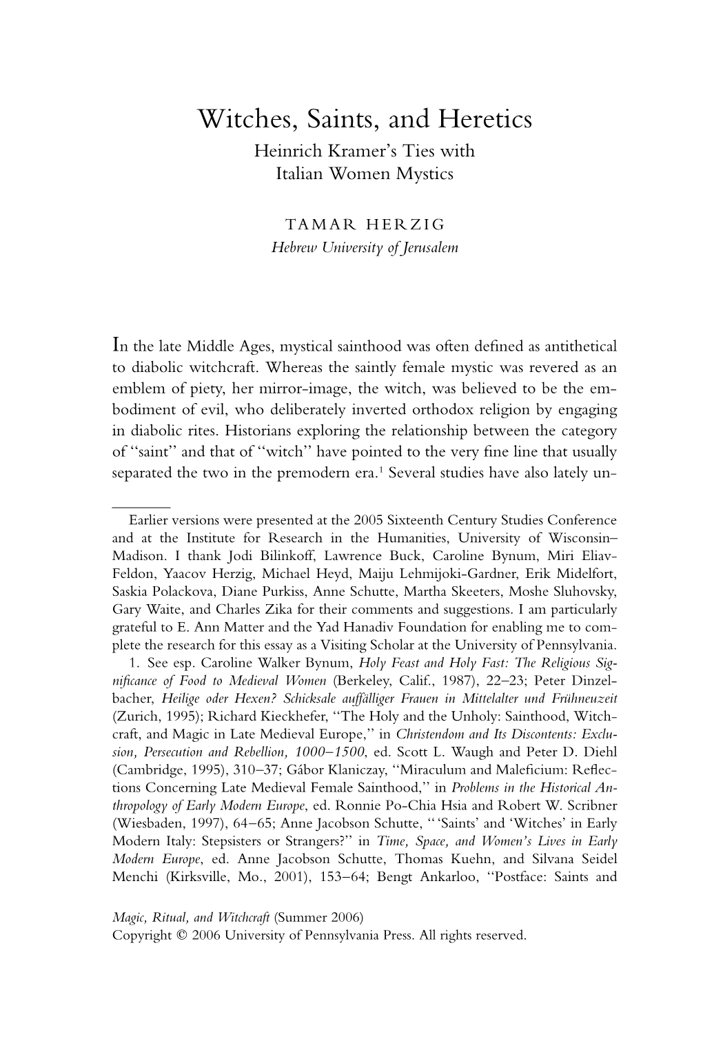 Witches, Saints, and Heretics Heinrich Kramer’S Ties with Italian Women Mystics