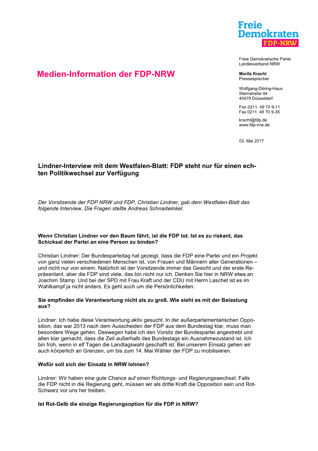 Medien-Information Der FDP-NRW Moritz Kracht Pressesprecher
