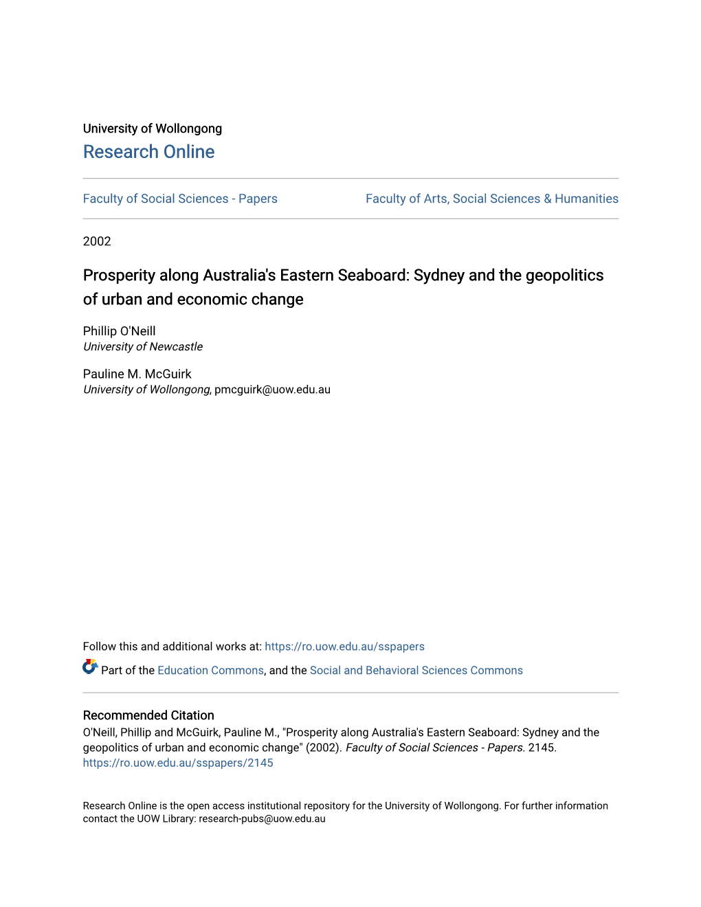 Prosperity Along Australia's Eastern Seaboard: Sydney and the Geopolitics of Urban and Economic Change