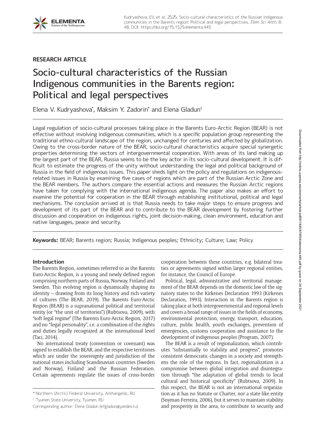 Socio-Cultural Characteristics of the Russian Indigenous Communities in the Barents Region: Political and Legal Perspectives