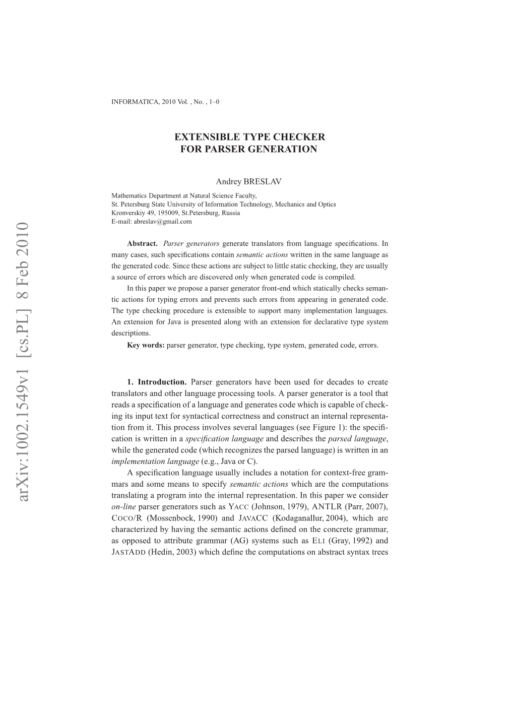 Extensible Type Checker for Parser Generation 3 Environments: an Environment Is Passed As a Separate Argument to the Parser (See the Examples Below)