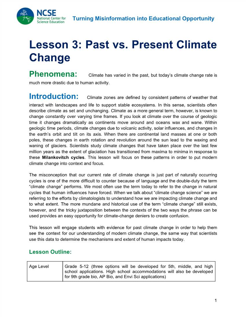 Lesson 3: Past Vs. Present Climate Change