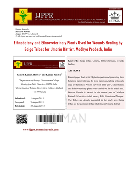 Ethnobotany and Ethnoveterinary Plants Used for Wounds Healing by Baiga Tribes for Umaria District, Madhya Pradesh, India