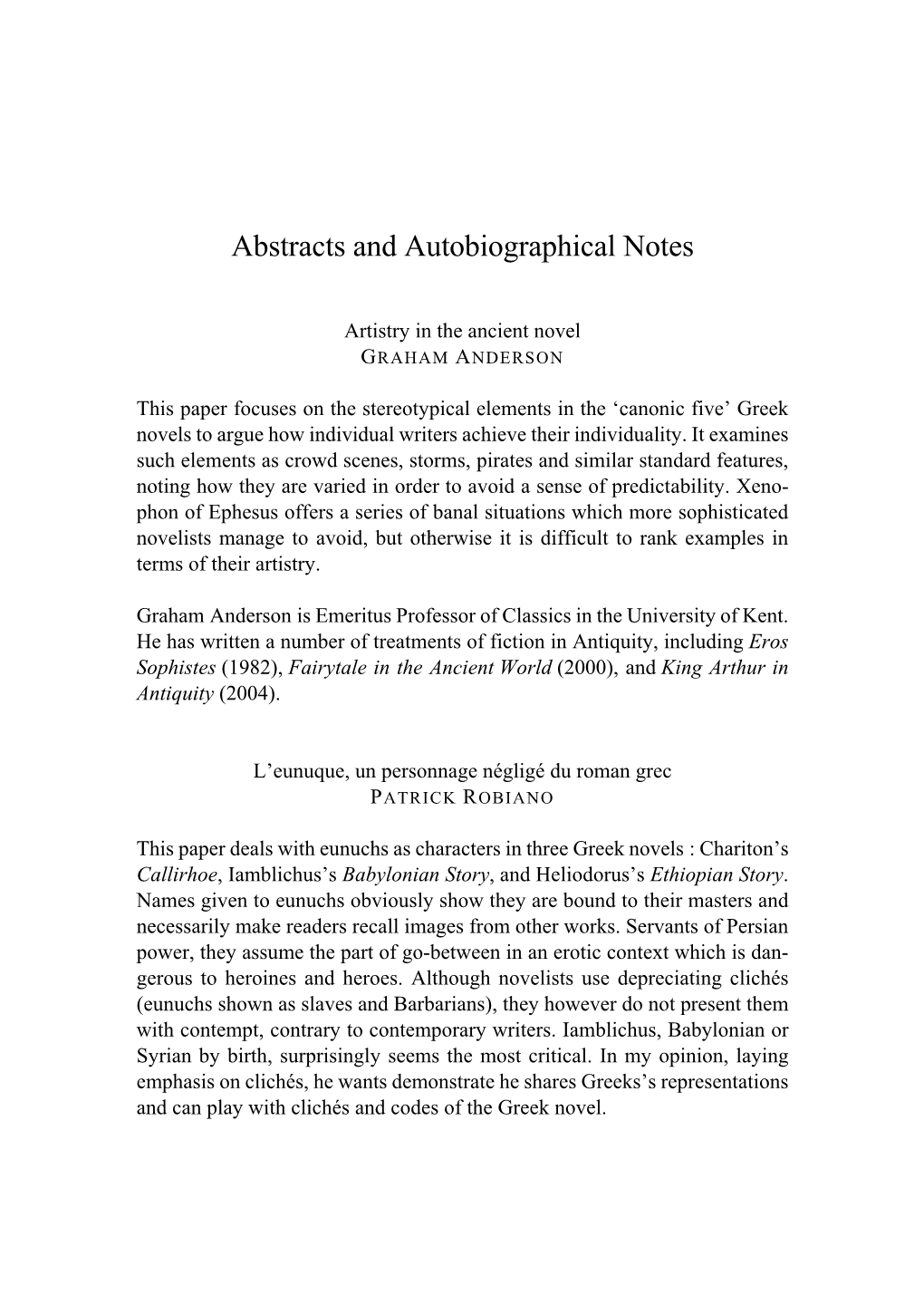 Abstracts and Autobiographical Notes
