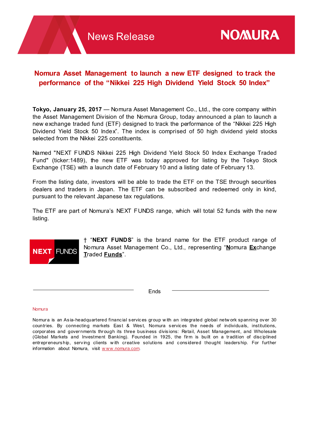 News Release Nomura Asset Management to Launch a New ETF Designed to Track the Performance of the “Nikkei 225 High Dividend Yi