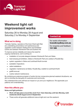 Weekend Light Rail Improvement Works Saturday 26 to Monday 28 August and Saturday 2 to Monday 4 September