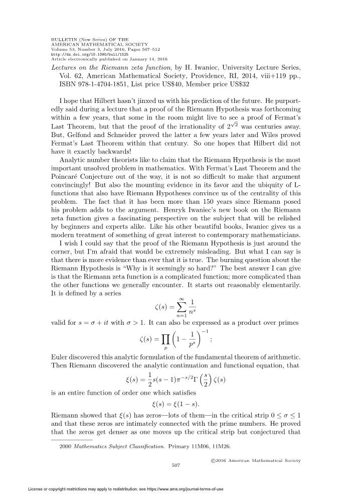 Lectures on the Riemann Zeta Function, by H
