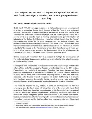 Land Dispossession and Its Impact on Agriculture Sector and Food Sovereignty in Palestine: a New Perspective on Land Day