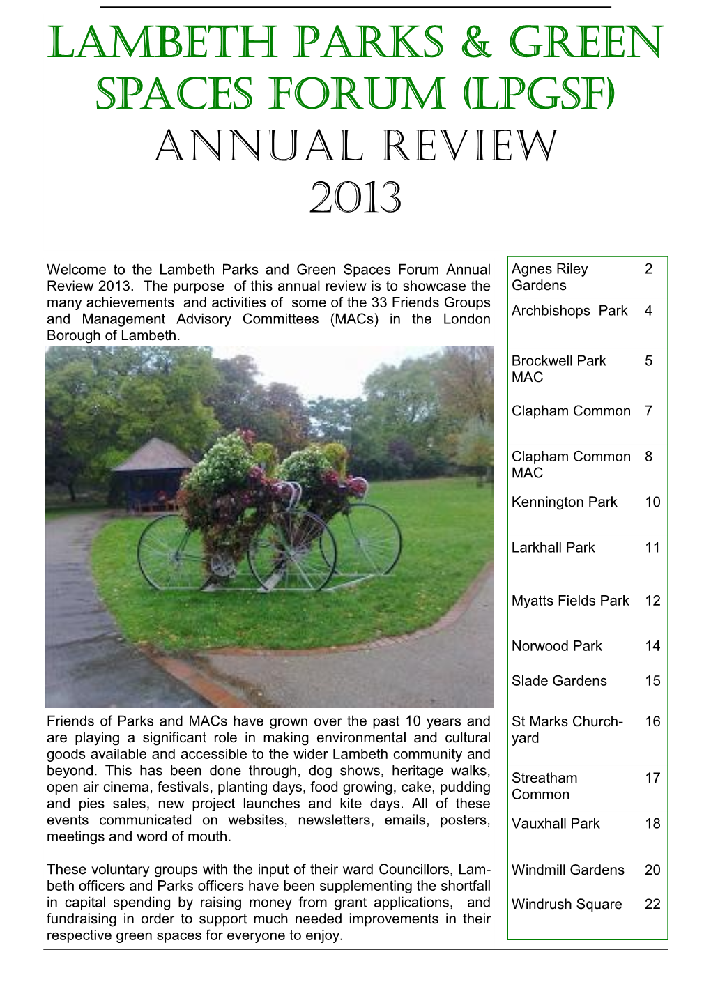 Lambeth Parks & Green Spaces Forum (LPGSF) Annual Review 2013