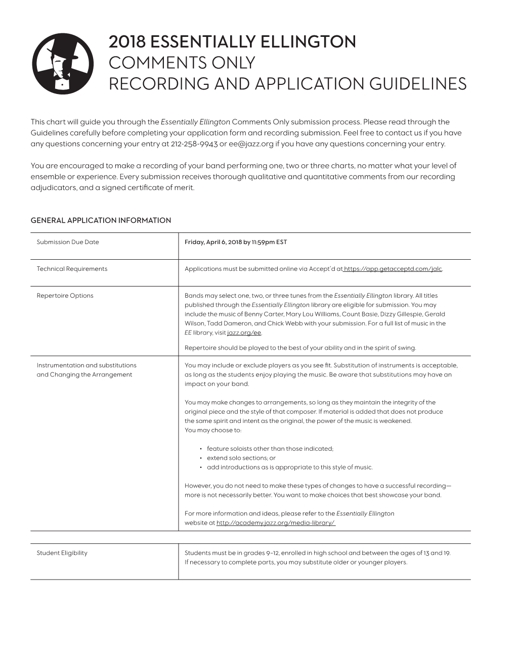 2018 Essentially Ellington Comments Only Recording and Application Guidelines