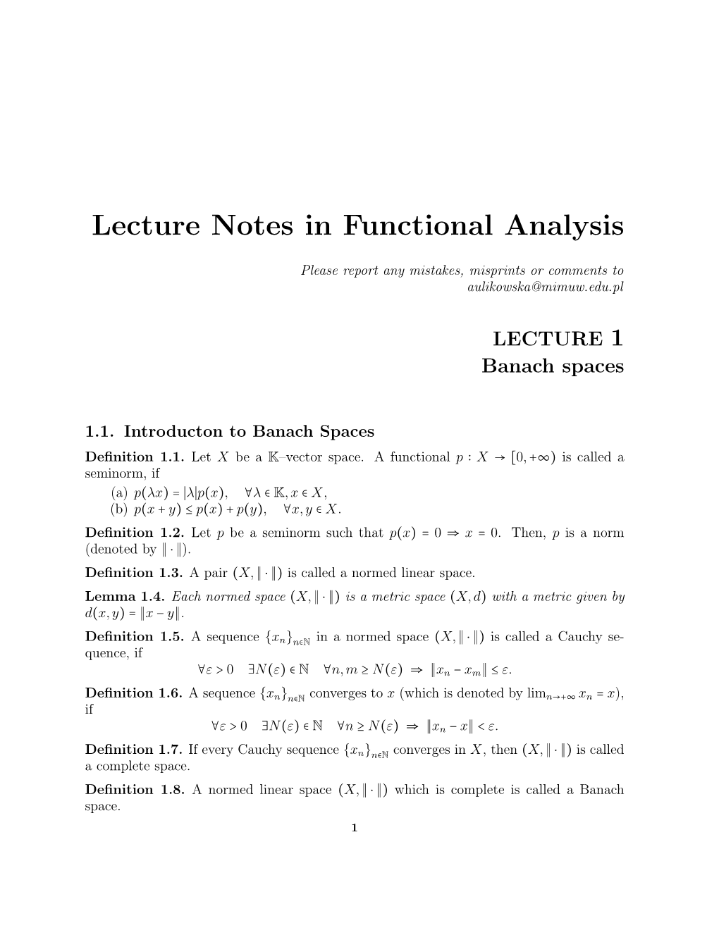 Lecture Notes in Functional Analysis