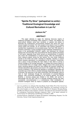 “Spirits Fly Slow” (Pahapahad No Anito) : Traditional Ecological Knowledge and Cultural Revivalism in Lan-Yu∗